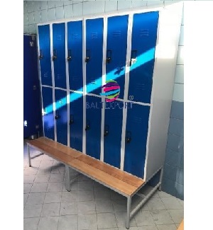 Vestiário Triplo 6 Cacifos com Banco Reguas Madeira Pinho com Tecto Cinza