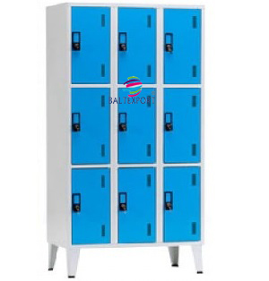 Vestiário triplo com 9 Cacifos Sobrepostos Chapa Cinza e Azul 1900x900x500mm